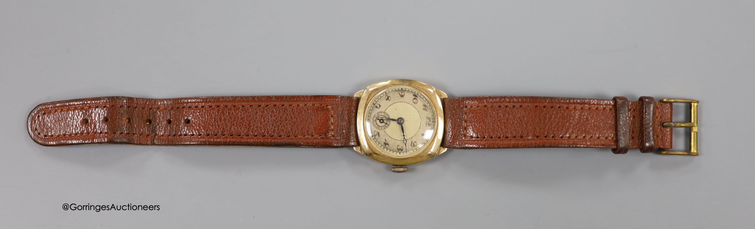 A gentleman's 1930's 9ct gold Huba manual wind wrist watch, with leather strap, case diameter 29mm, gross weight 26.2 grams.